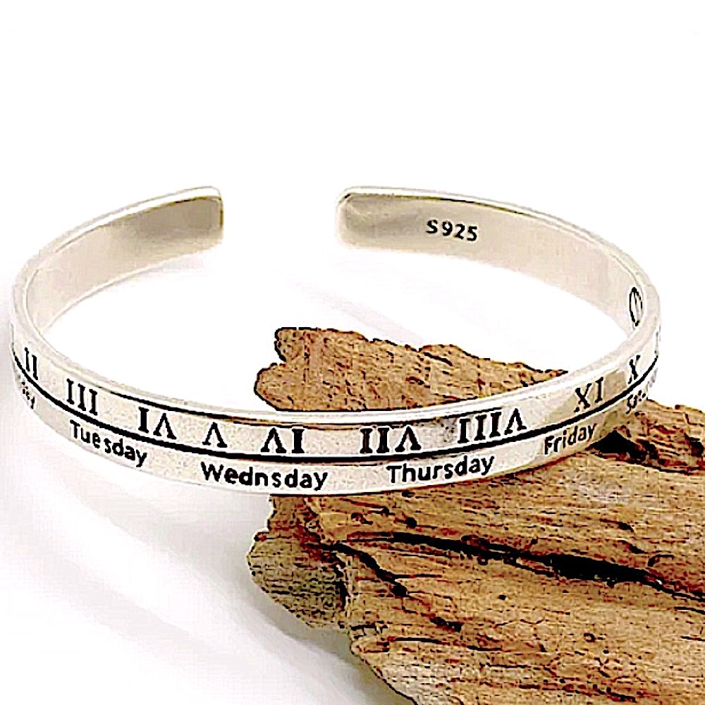 Sterling Silver Roman Numeral Bangle Cuff Bracelet - Picture 10 of 14
